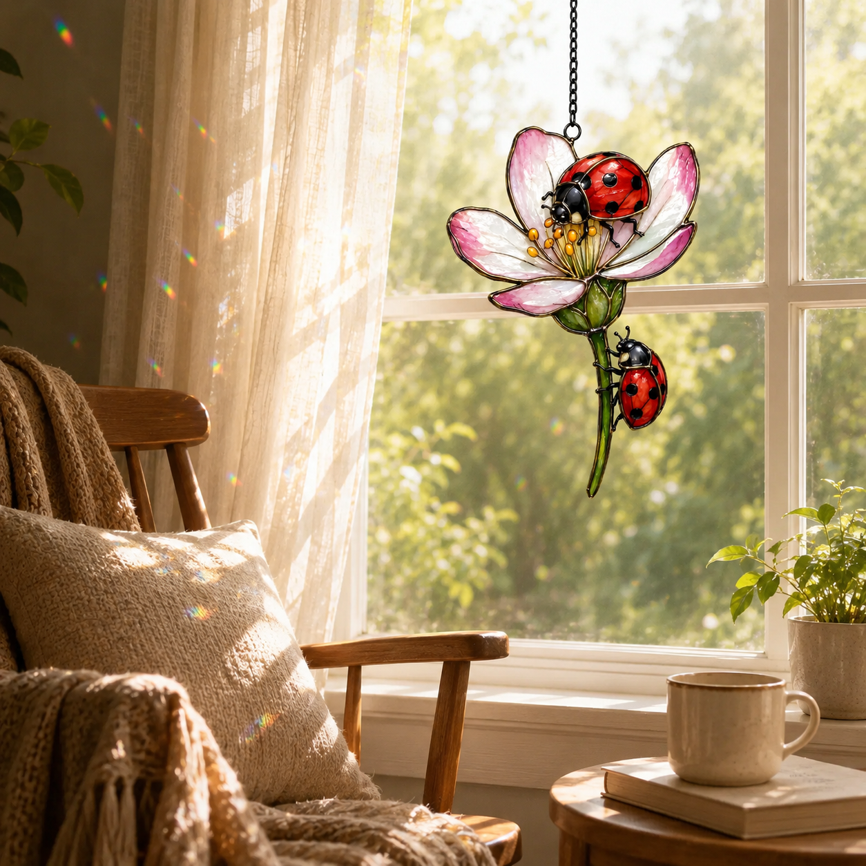 Two Ladybugs & Pink Blossom Holographic Acrylic Suncatcher