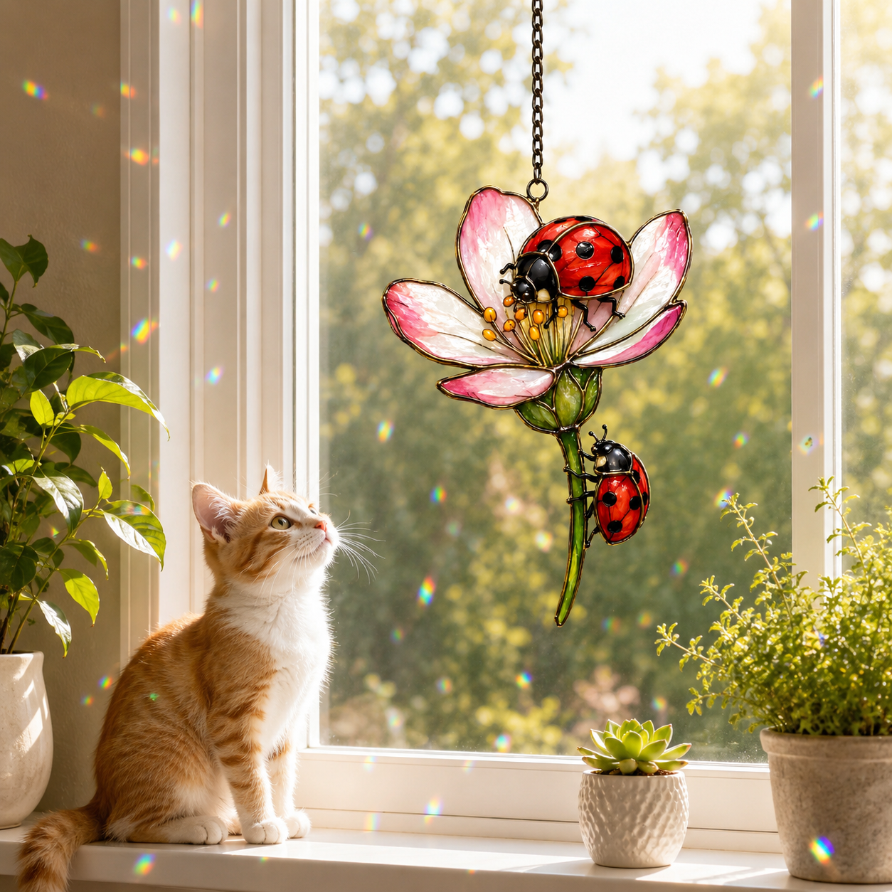 Two Ladybugs & Pink Blossom Holographic Acrylic Suncatcher