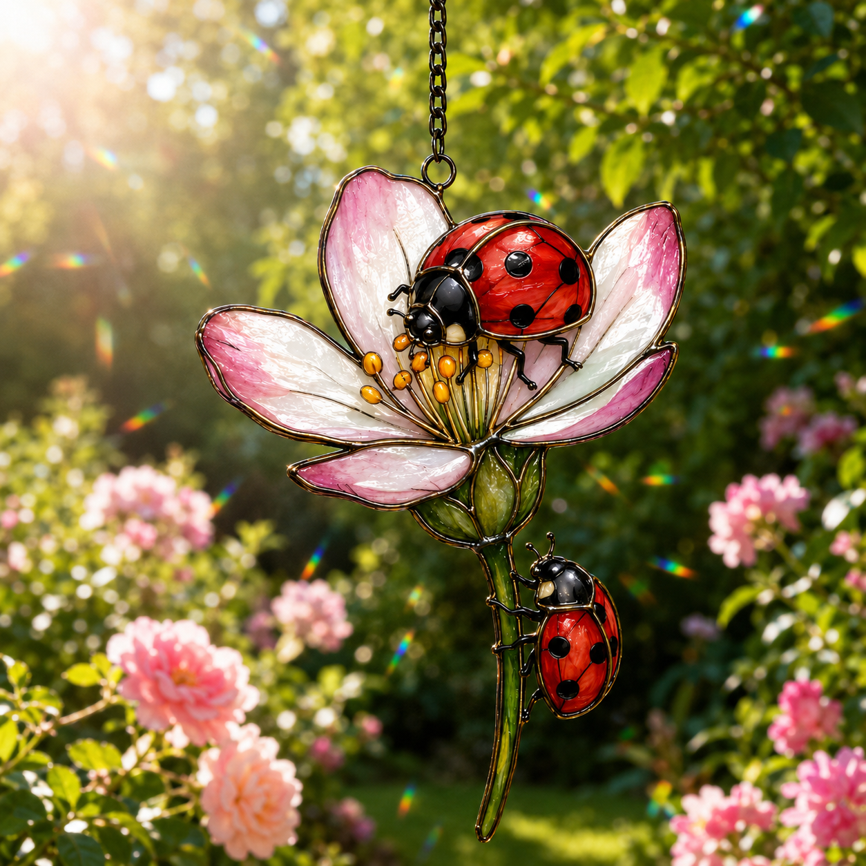 Two Ladybugs & Pink Blossom Holographic Acrylic Suncatcher
