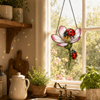 Two Ladybugs & Pink Blossom Holographic Acrylic Suncatcher