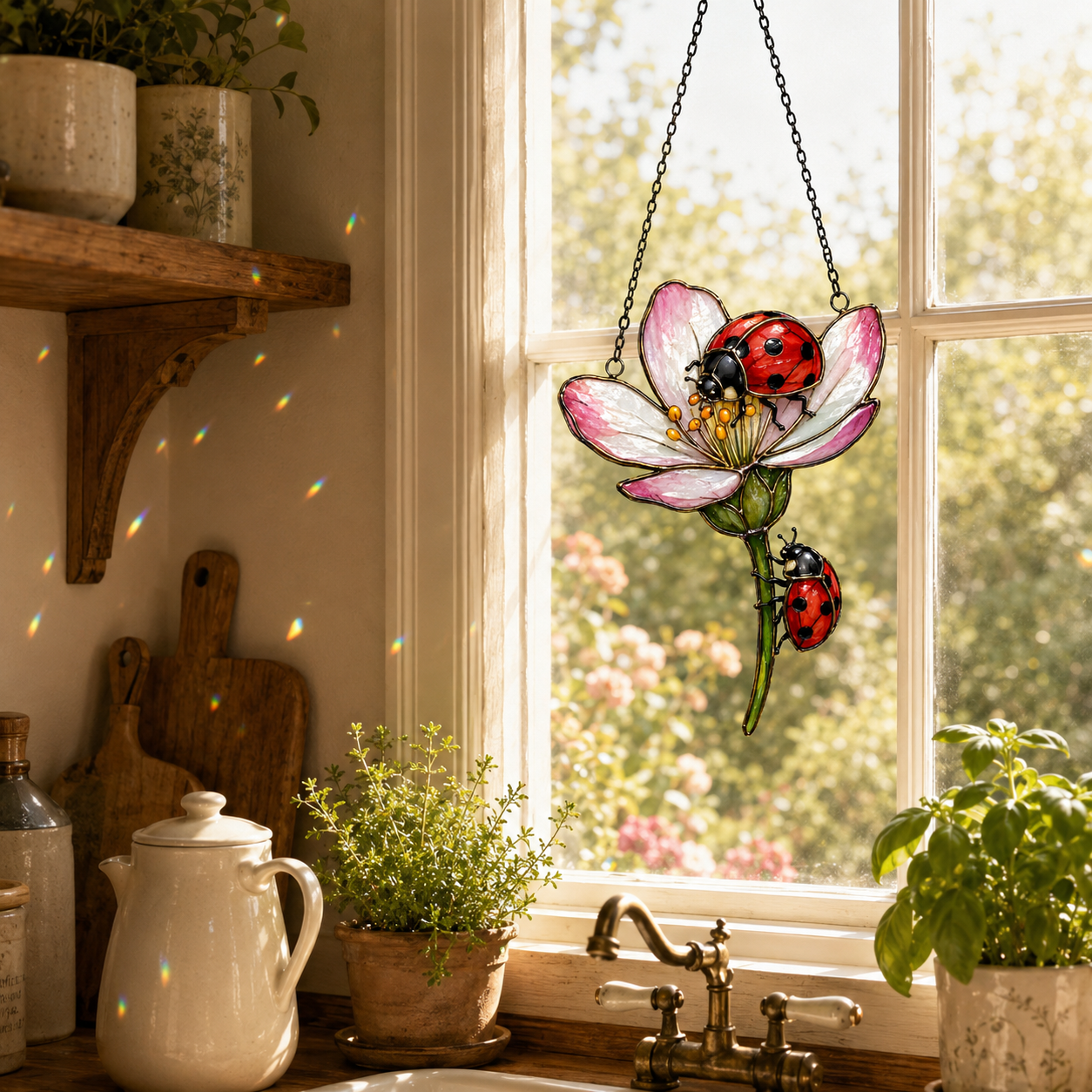 Two Ladybugs & Pink Blossom Holographic Acrylic Suncatcher