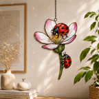 Two Ladybugs & Pink Blossom Holographic Acrylic Suncatcher