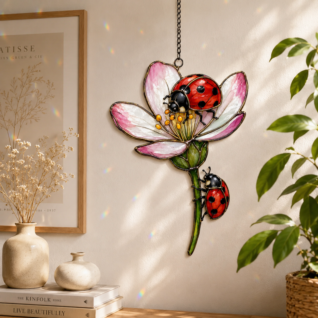 Two Ladybugs & Pink Blossom Holographic Acrylic Suncatcher
