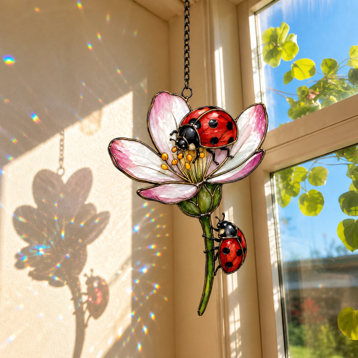 Two Ladybugs & Pink Blossom Holographic Acrylic Suncatcher