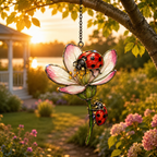 Two Ladybugs & Pink Blossom Holographic Acrylic Suncatcher