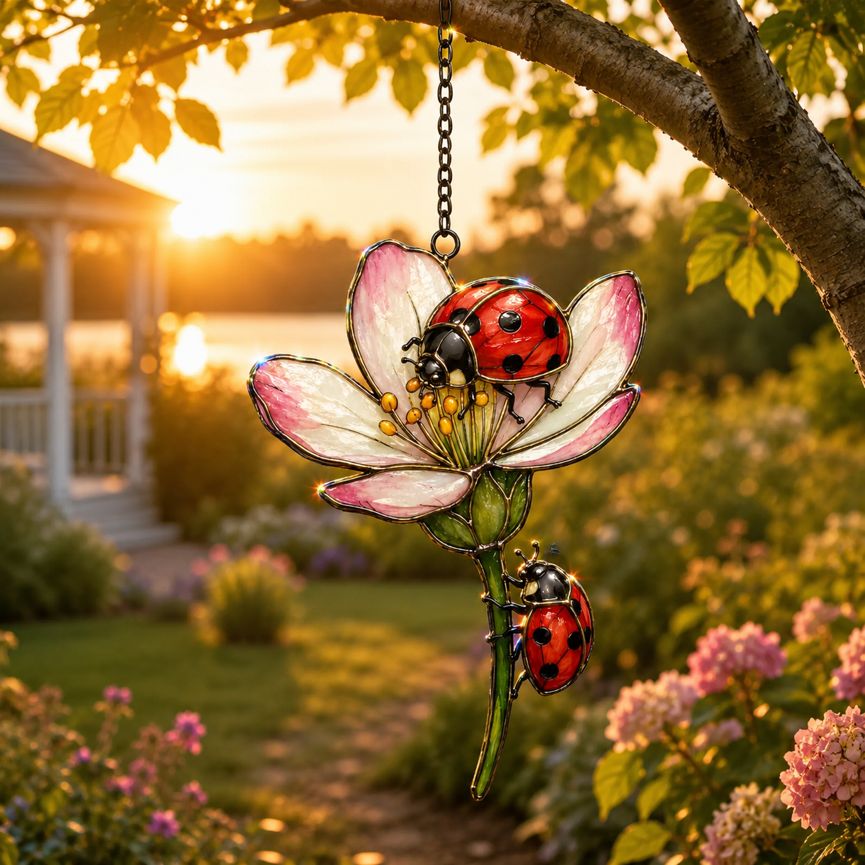 Two Ladybugs & Pink Blossom Holographic Acrylic Suncatcher
