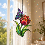 Stained glass style suncatcher with a purple and blue butterfly on an orange tulip, hanging in a sunlit window with rainbow light