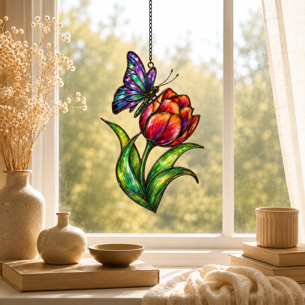 Rainbow Butterfly & Orange Tulip Holographic Acrylic Suncatcher