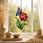 Rainbow Butterfly & Orange Tulip Holographic Acrylic Suncatcher