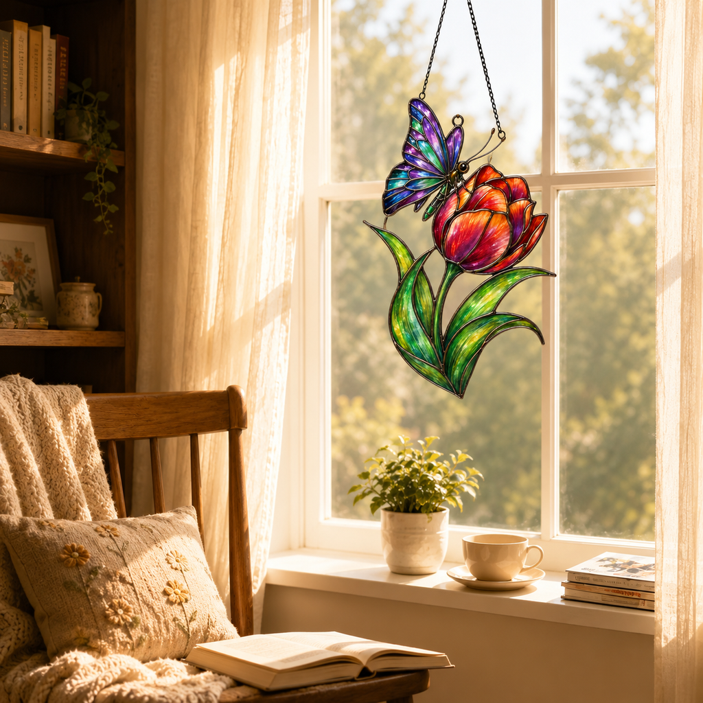 Rainbow Butterfly & Orange Tulip Holographic Acrylic Suncatcher