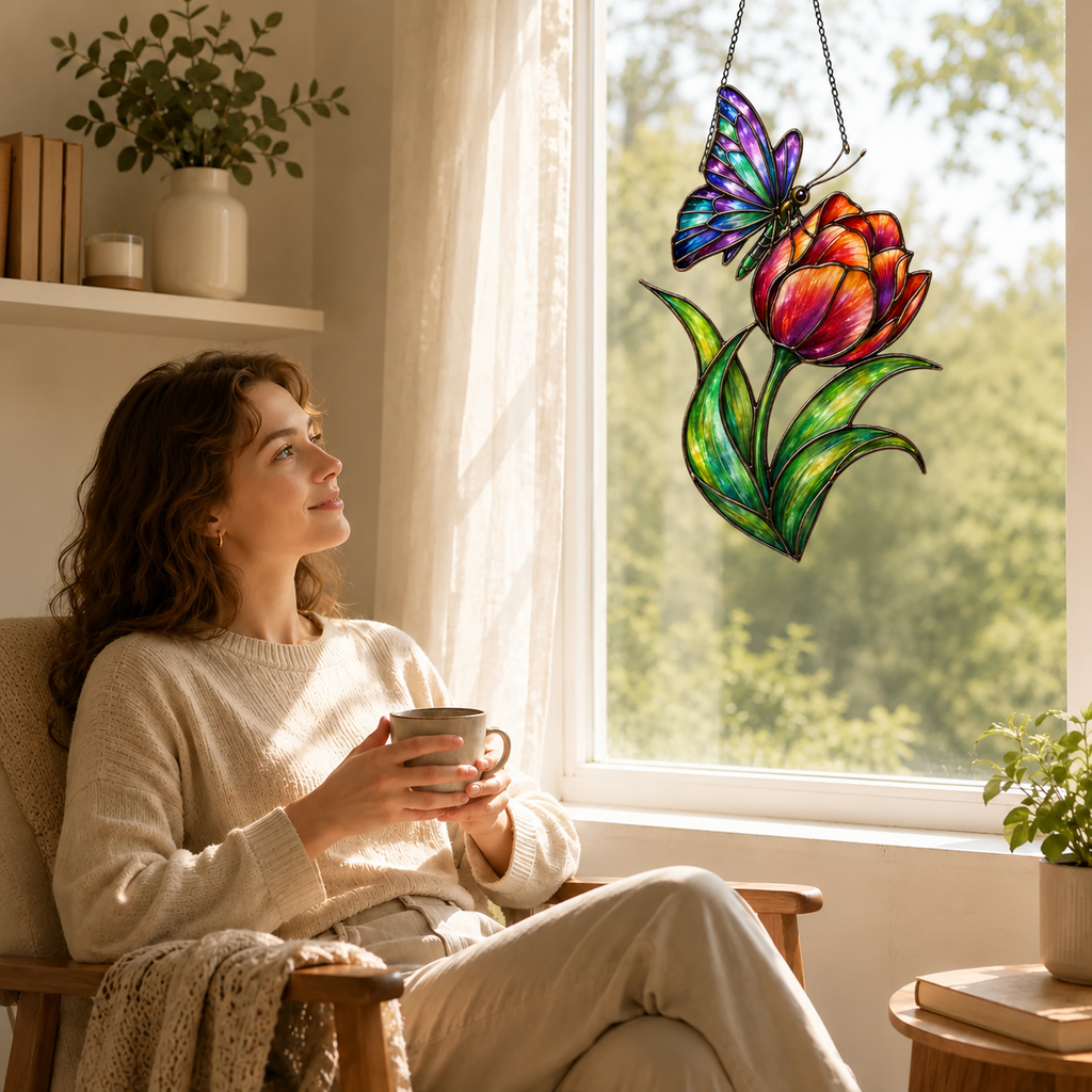 Rainbow Butterfly & Orange Tulip Holographic Acrylic Suncatcher