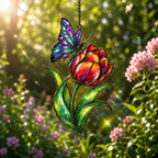 Rainbow Butterfly & Orange Tulip Holographic Acrylic Suncatcher