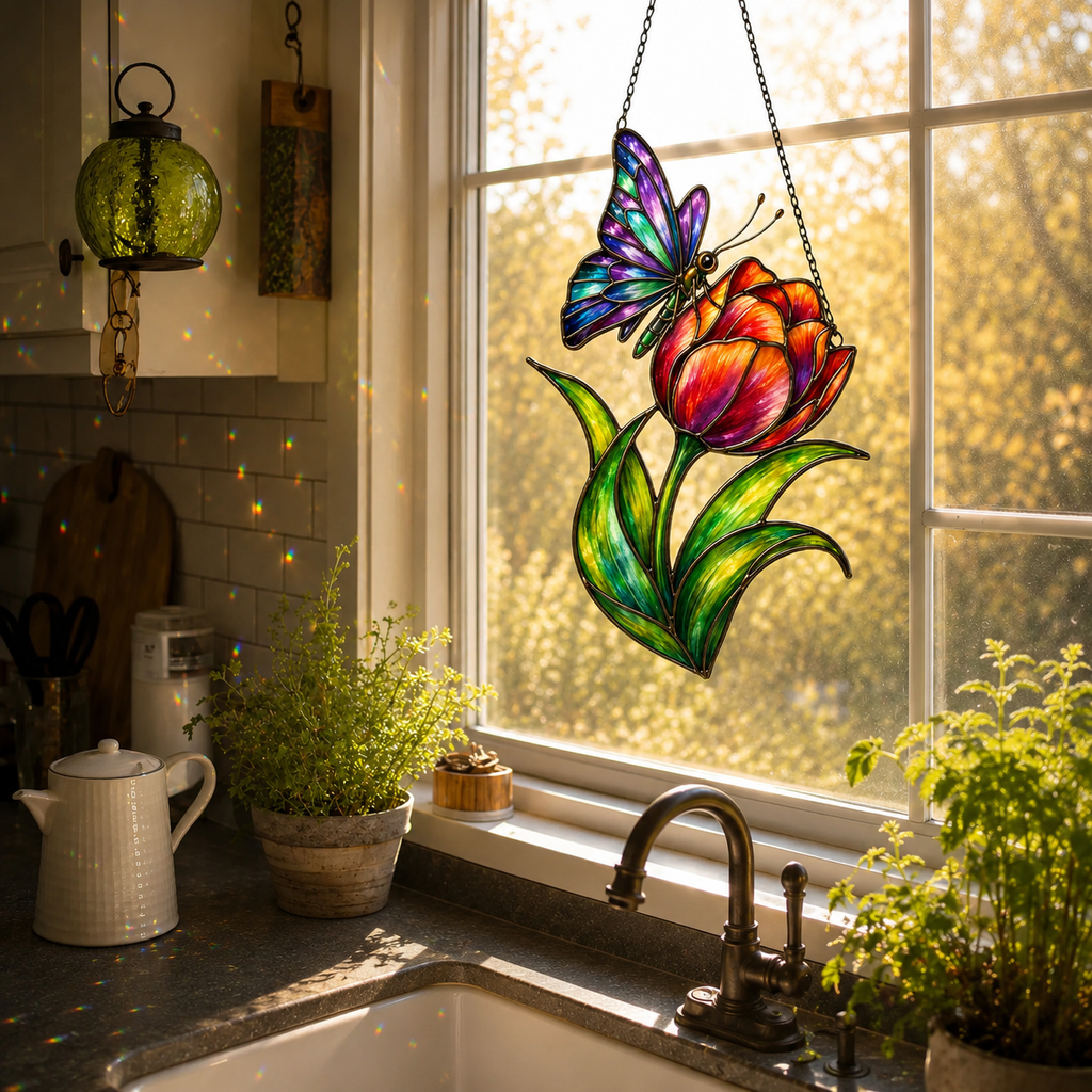 Rainbow Butterfly & Orange Tulip Holographic Acrylic Suncatcher