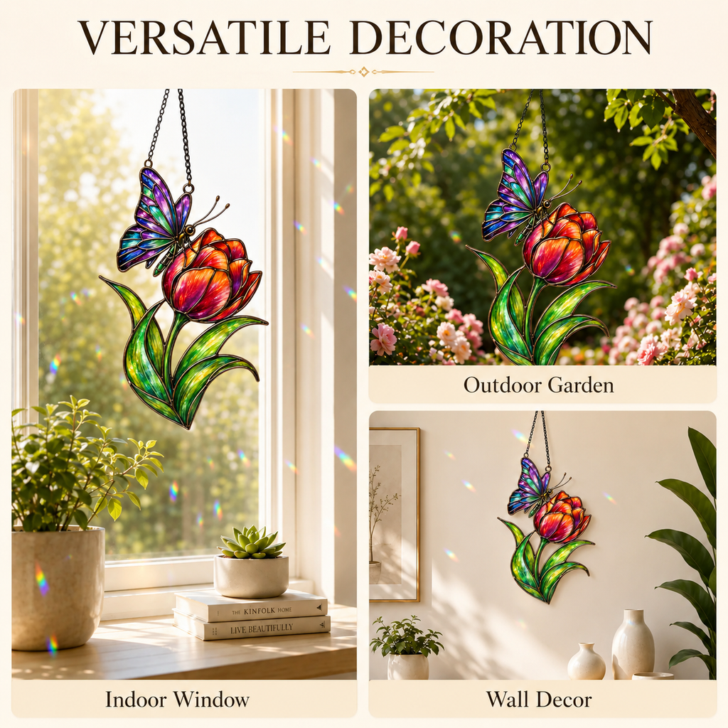 Rainbow Butterfly & Orange Tulip Holographic Acrylic Suncatcher