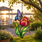 Rainbow Butterfly & Orange Tulip Holographic Acrylic Suncatcher