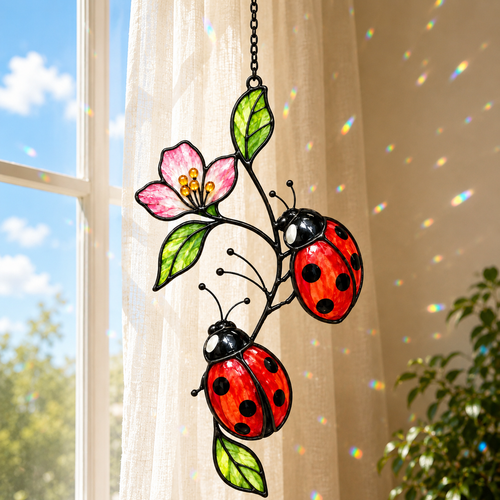 Stained glass style suncatcher with two red ladybugs on a pink blossom branch, hanging in a sunlit window with rainbow light