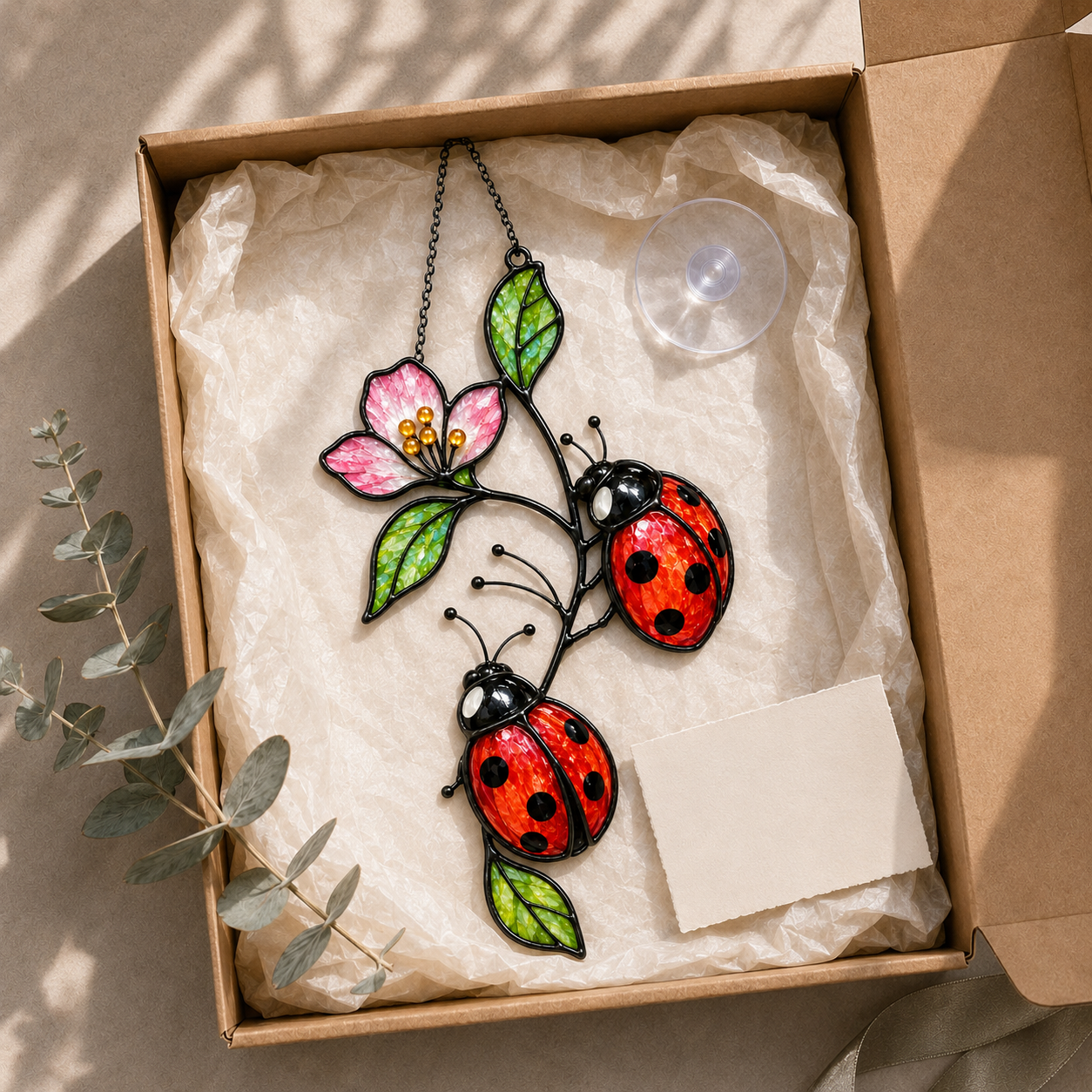 Ladybugs on Pink Blossom Branch Holographic Acrylic Suncatcher