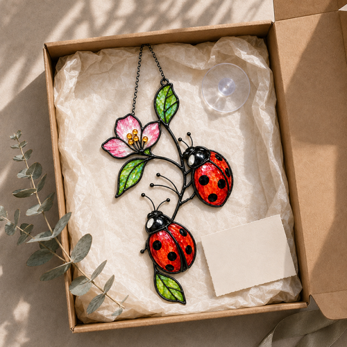 Ladybugs on Pink Blossom Branch Holographic Acrylic Suncatcher