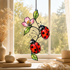 Ladybugs on Pink Blossom Branch Holographic Acrylic Suncatcher