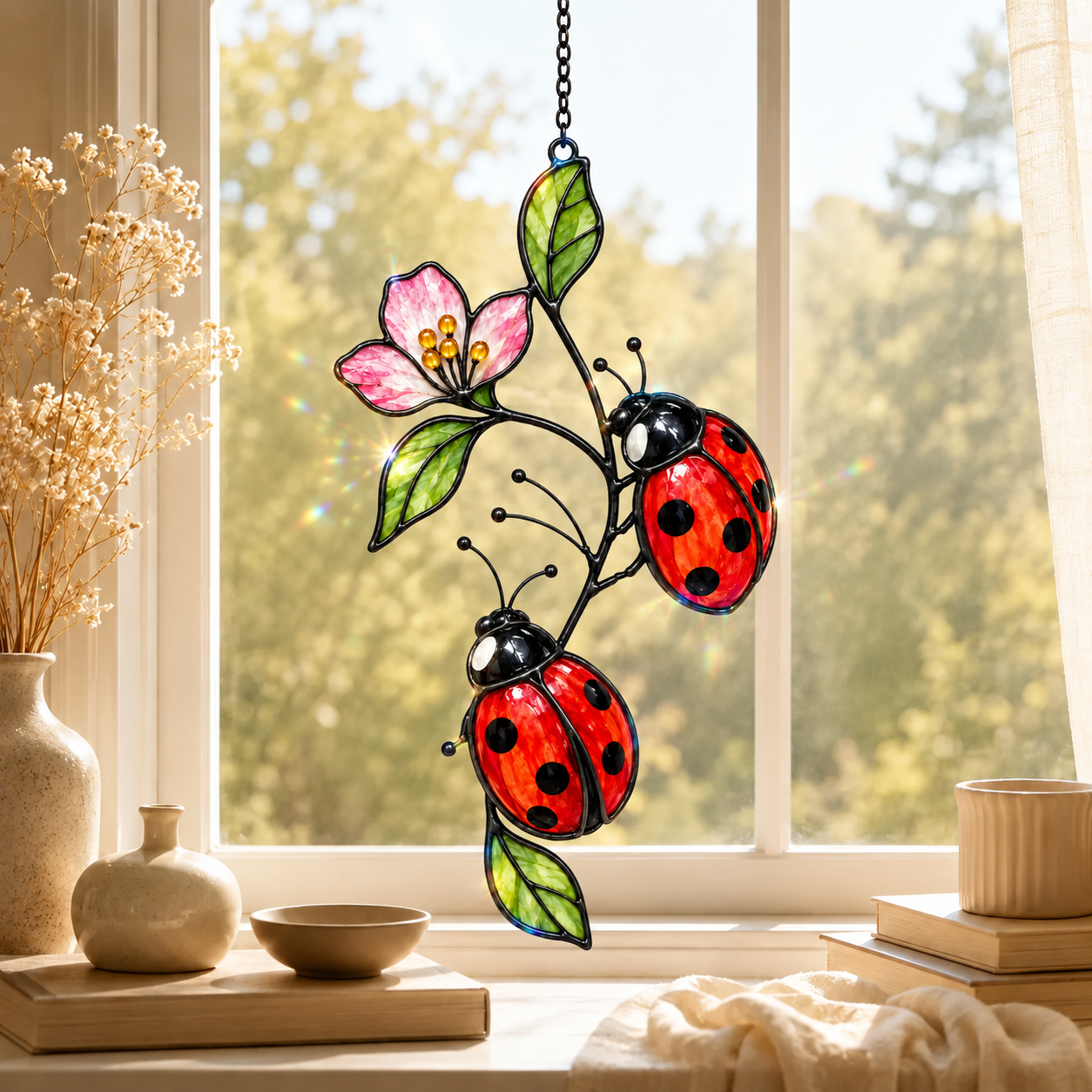Ladybugs on Pink Blossom Branch Holographic Acrylic Suncatcher
