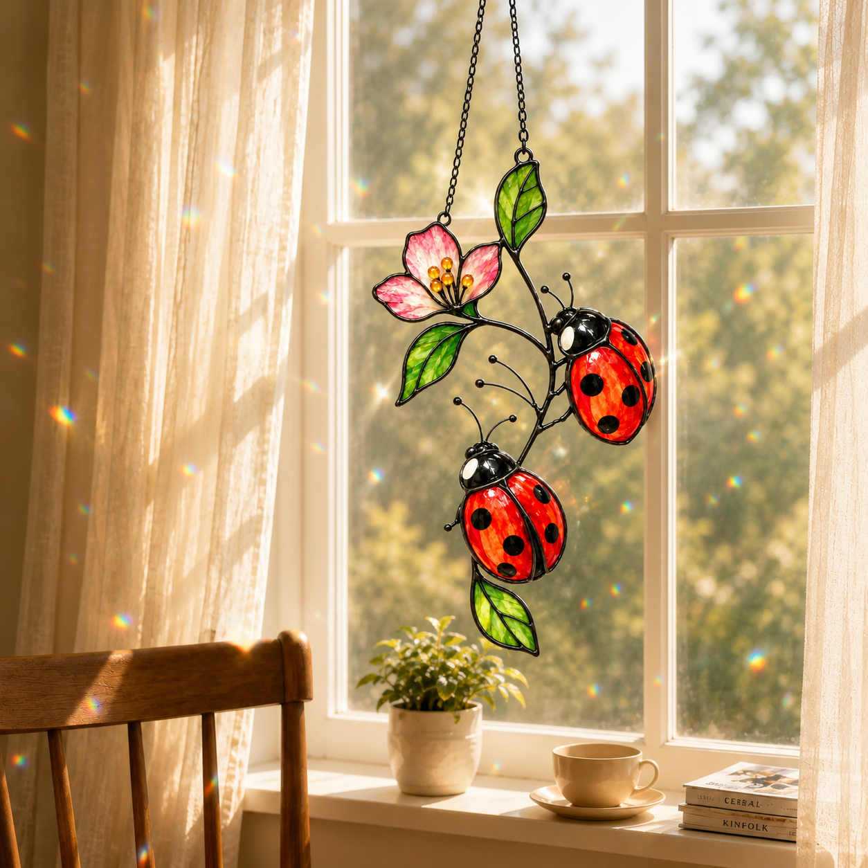 Ladybugs on Pink Blossom Branch Holographic Acrylic Suncatcher