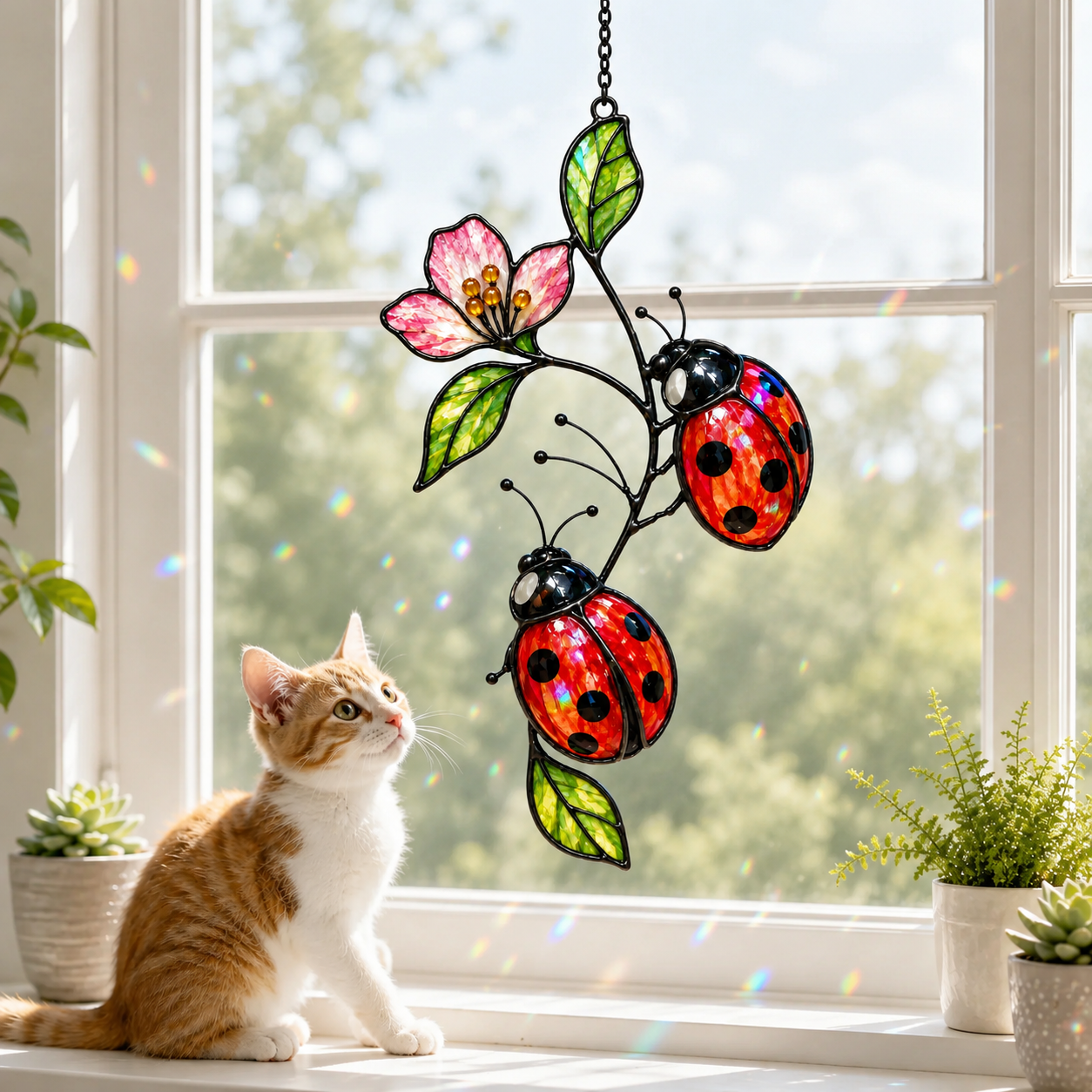 Ladybugs on Pink Blossom Branch Holographic Acrylic Suncatcher