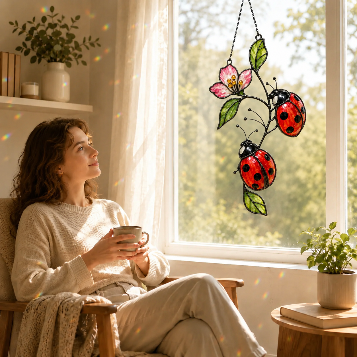 Ladybugs on Pink Blossom Branch Holographic Acrylic Suncatcher