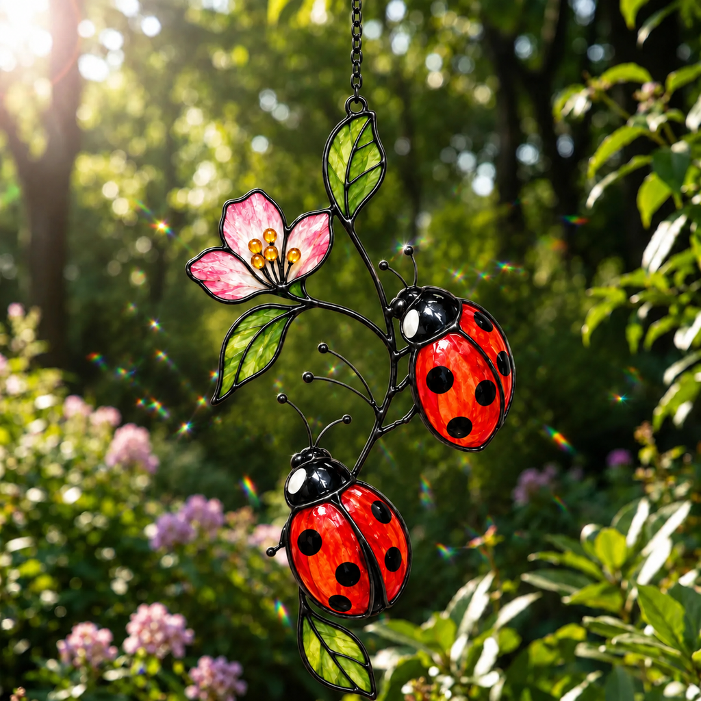 Ladybugs on Pink Blossom Branch Holographic Acrylic Suncatcher