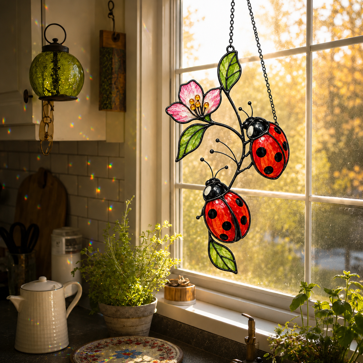 Ladybugs on Pink Blossom Branch Holographic Acrylic Suncatcher