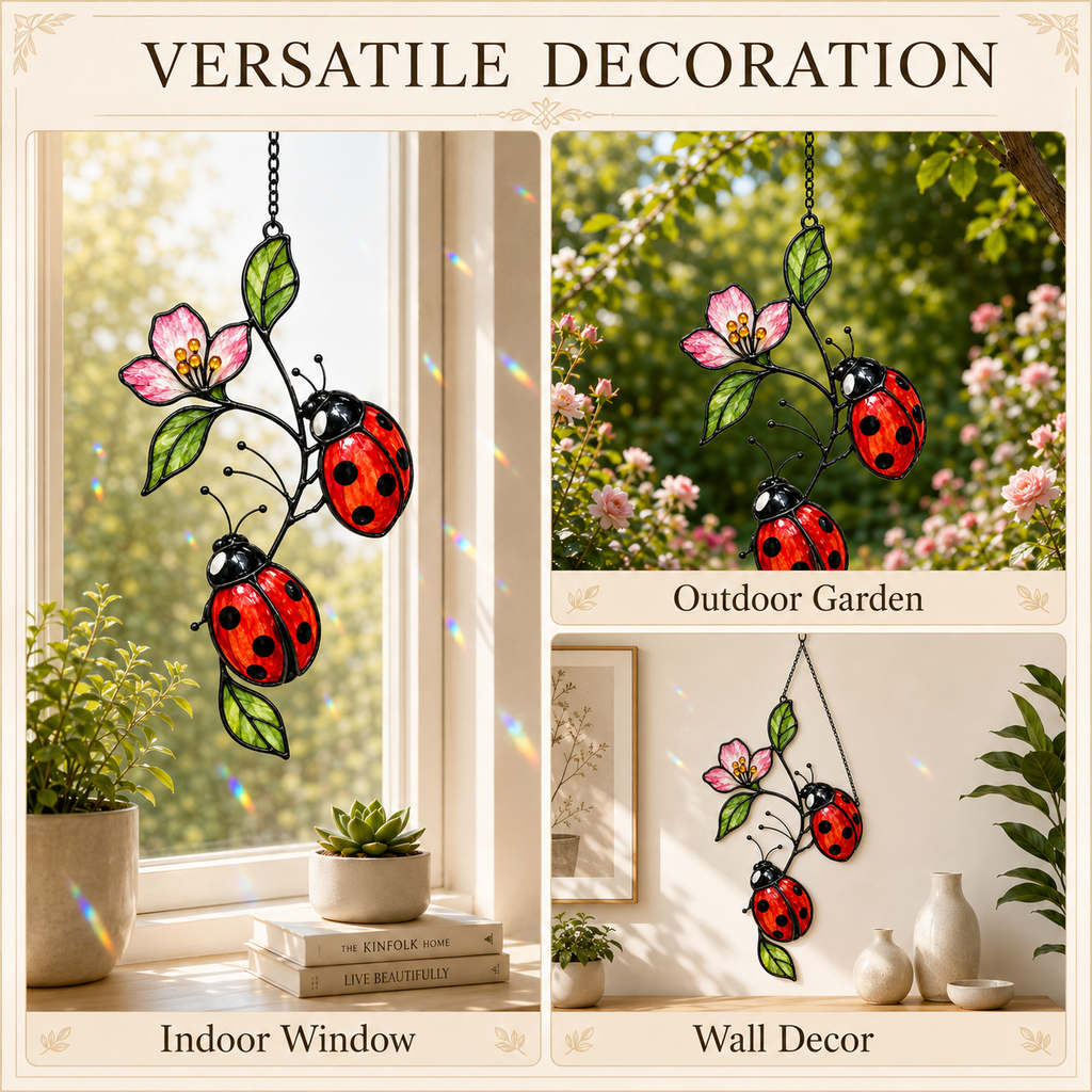 Ladybugs on Pink Blossom Branch Holographic Acrylic Suncatcher