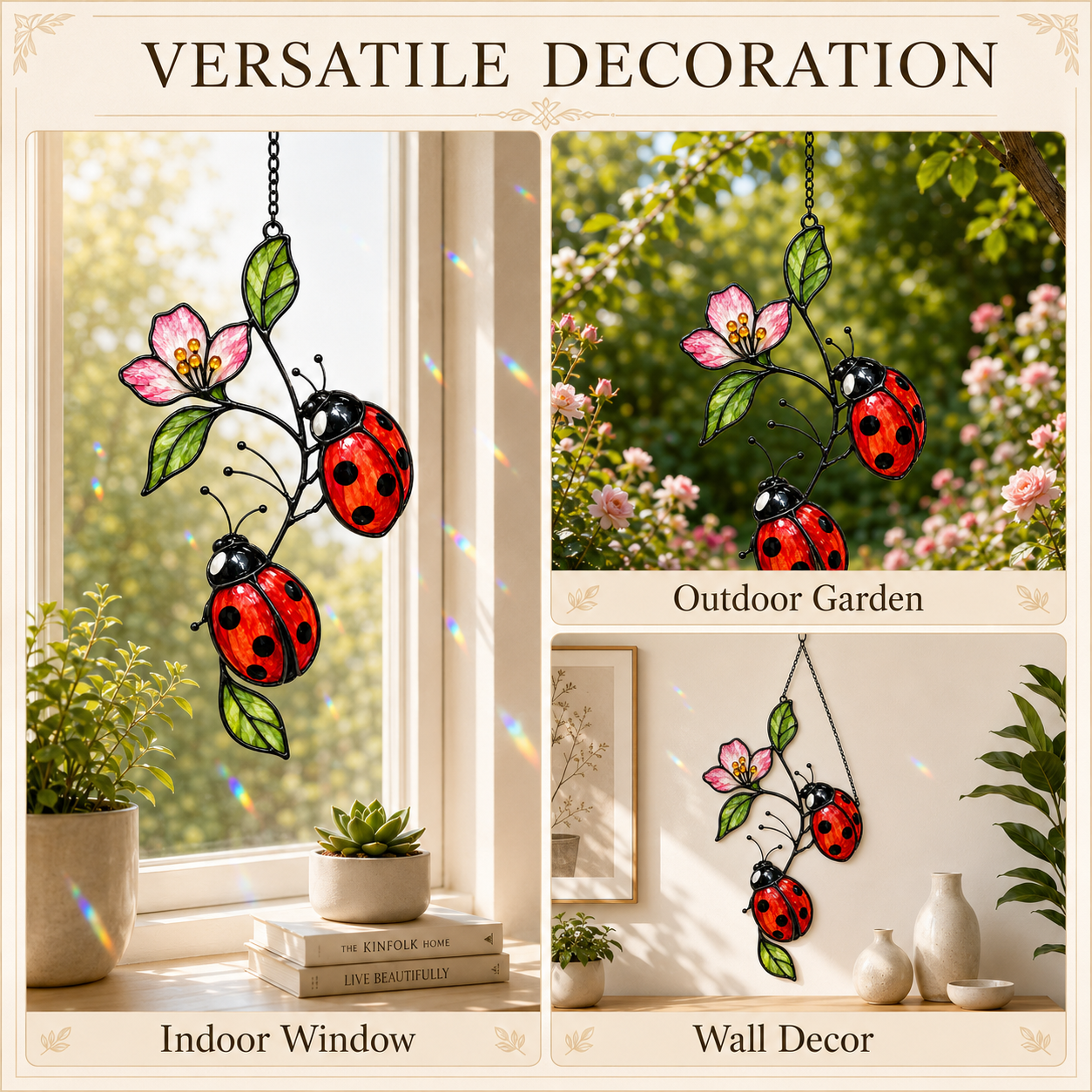 Ladybugs on Pink Blossom Branch Holographic Acrylic Suncatcher