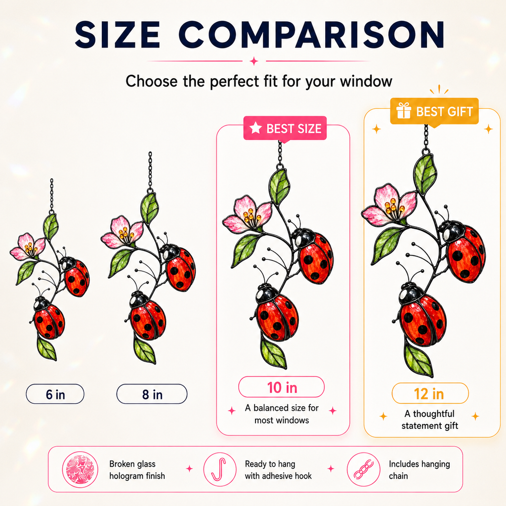 Ladybugs on Pink Blossom Branch Holographic Acrylic Suncatcher