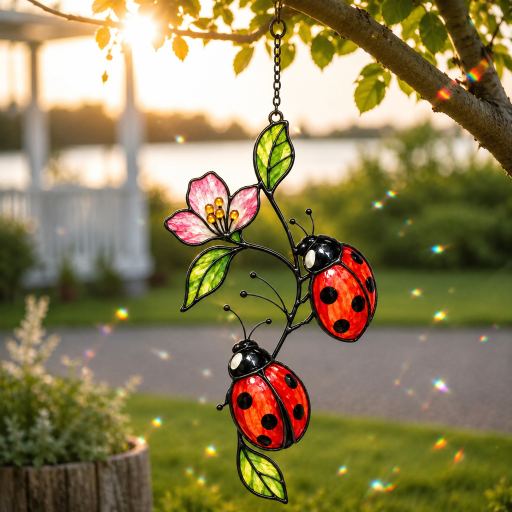 Ladybugs on Pink Blossom Branch Holographic Acrylic Suncatcher