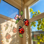 Ladybugs on Pink Blossom Branch Holographic Acrylic Suncatcher