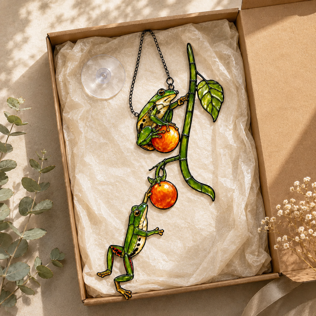 Two Tree Frogs & Orange Berry Vine Holographic Acrylic Suncatcher