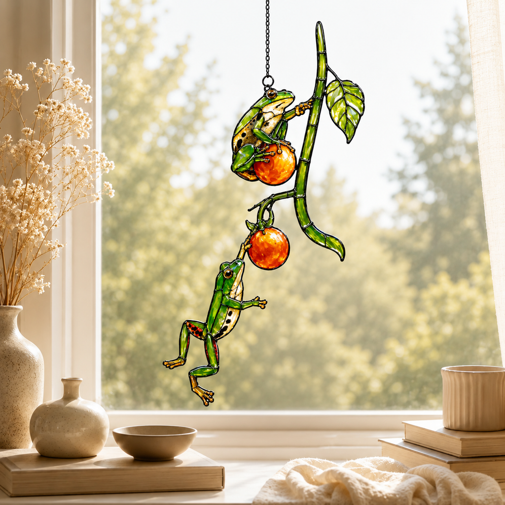 Two Tree Frogs & Orange Berry Vine Holographic Acrylic Suncatcher