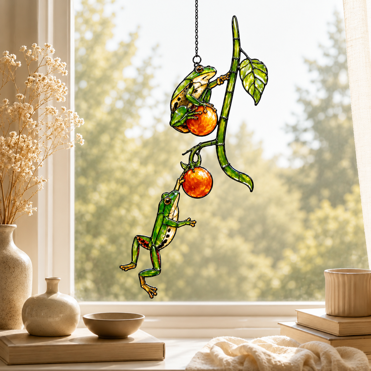 Two Tree Frogs & Orange Berry Vine Holographic Acrylic Suncatcher
