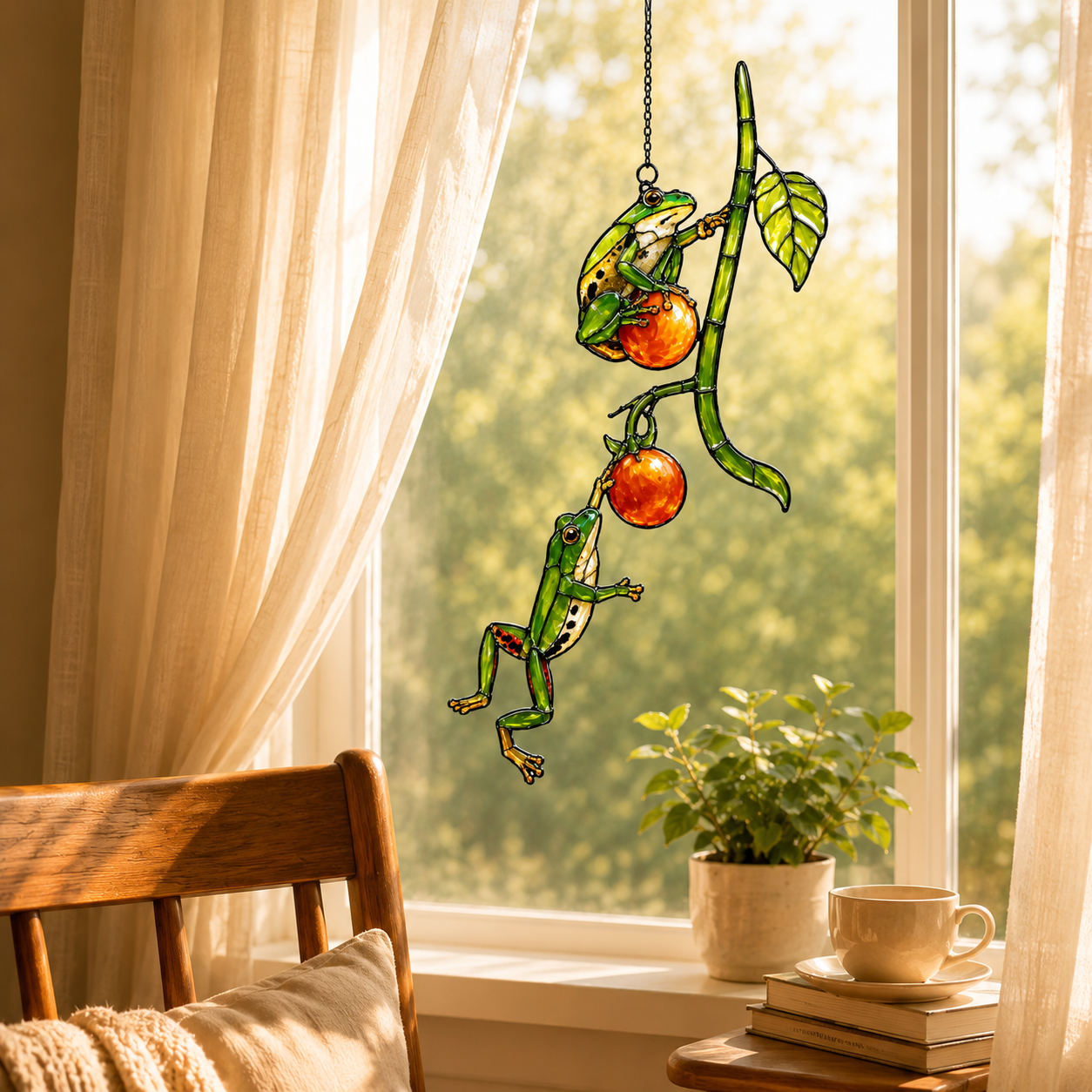 Two Tree Frogs & Orange Berry Vine Holographic Acrylic Suncatcher