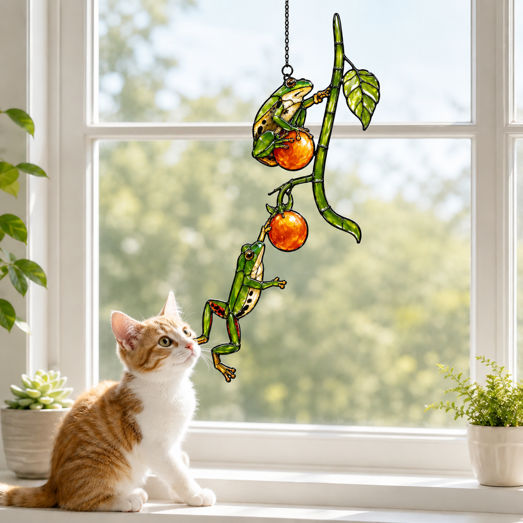 Two Tree Frogs & Orange Berry Vine Holographic Acrylic Suncatcher