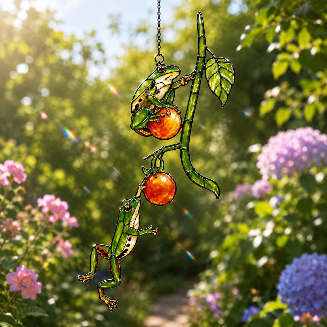 Two Tree Frogs & Orange Berry Vine Holographic Acrylic Suncatcher