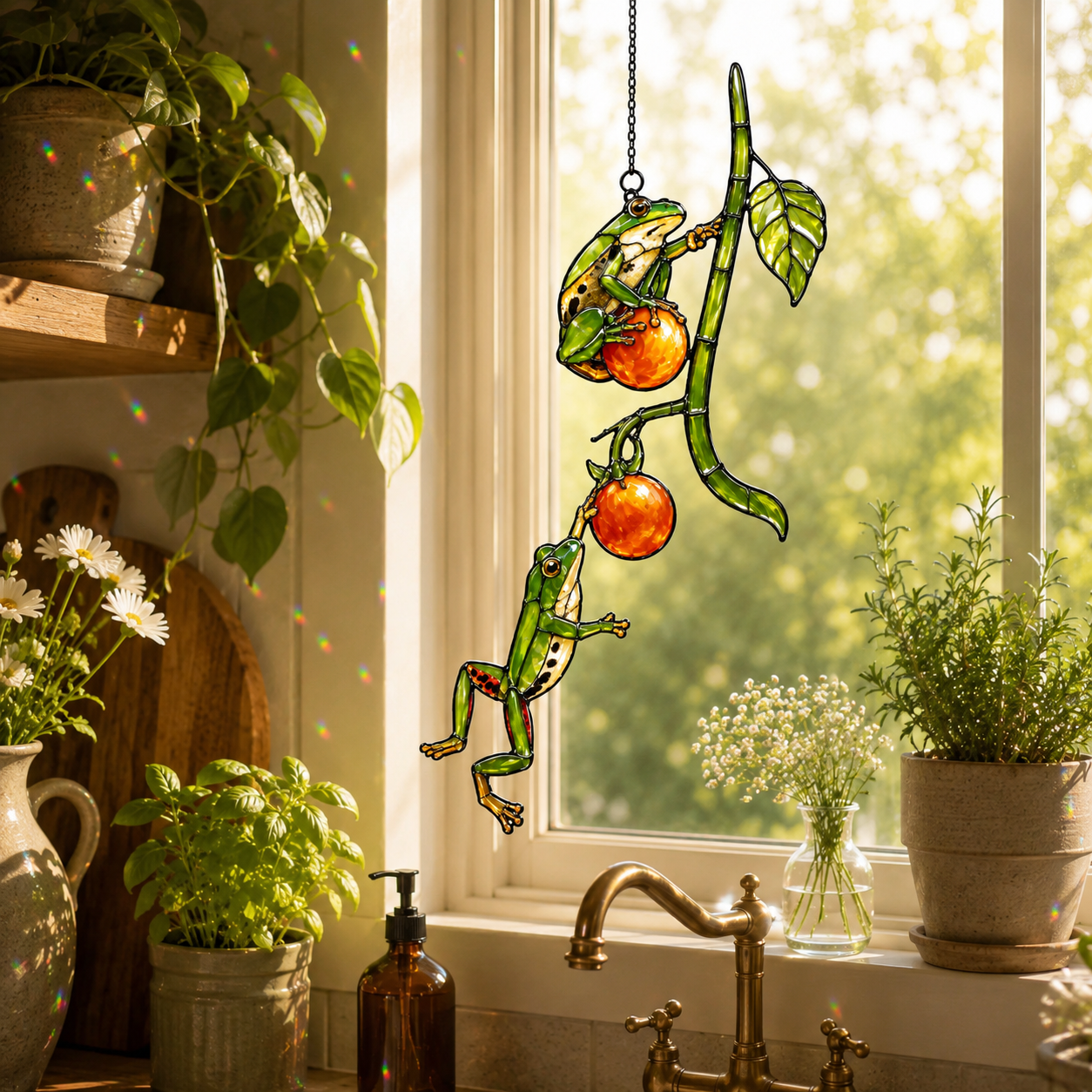 Two Tree Frogs & Orange Berry Vine Holographic Acrylic Suncatcher