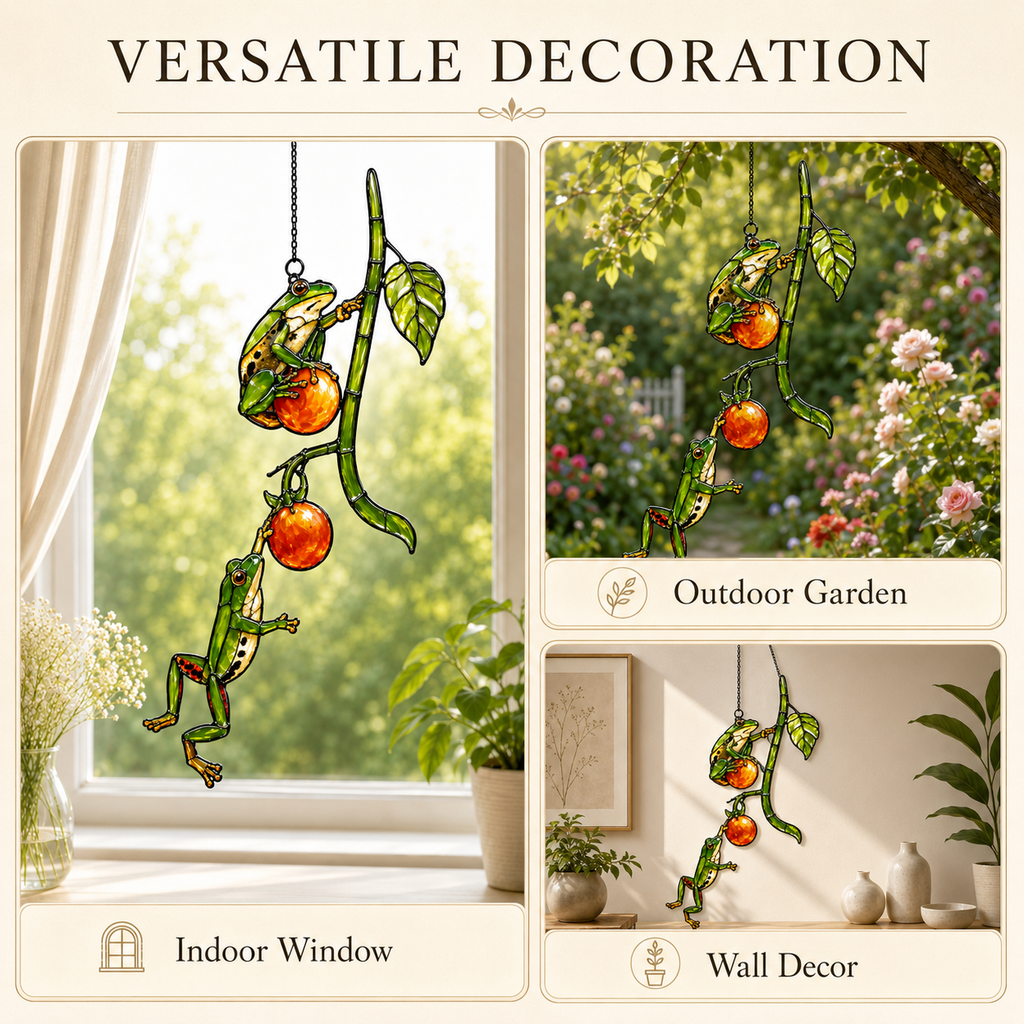 Two Tree Frogs & Orange Berry Vine Holographic Acrylic Suncatcher