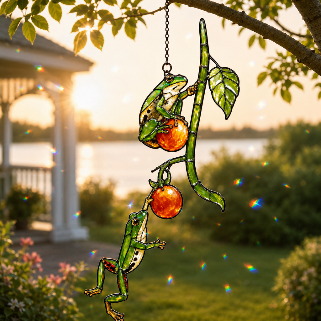 Two Tree Frogs & Orange Berry Vine Holographic Acrylic Suncatcher