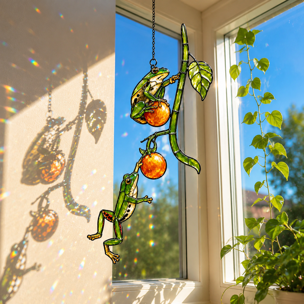 Two Tree Frogs & Orange Berry Vine Holographic Acrylic Suncatcher