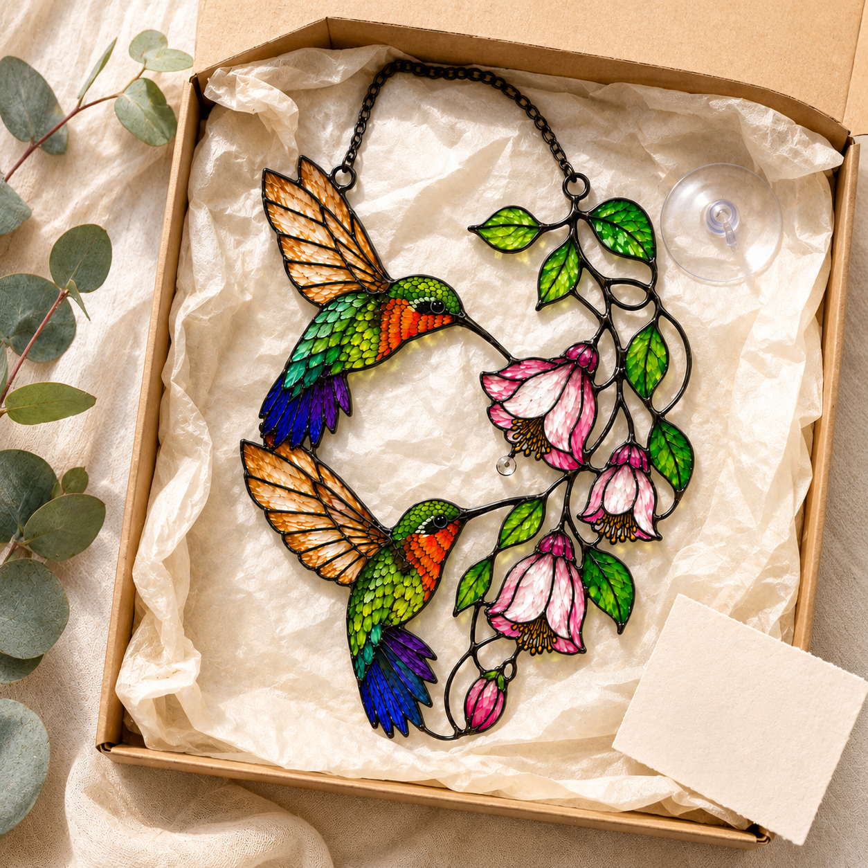 Stained glass style suncatcher with two hummingbirds and pink fuchsia flowers, hanging in a sunlit window with rainbow light