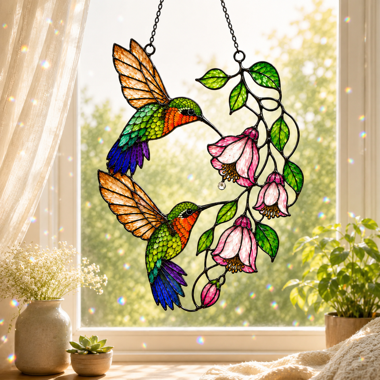 Hummingbird Pair & Pink Fuchsia Holographic Acrylic Suncatcher