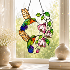Hummingbird Pair & Pink Fuchsia Holographic Acrylic Suncatcher