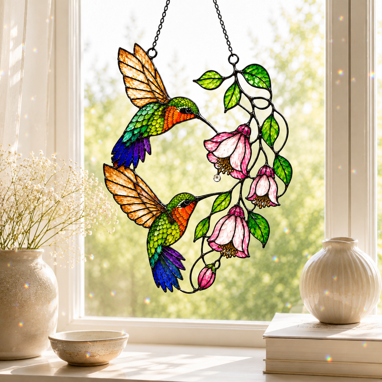 Hummingbird Pair & Pink Fuchsia Holographic Acrylic Suncatcher