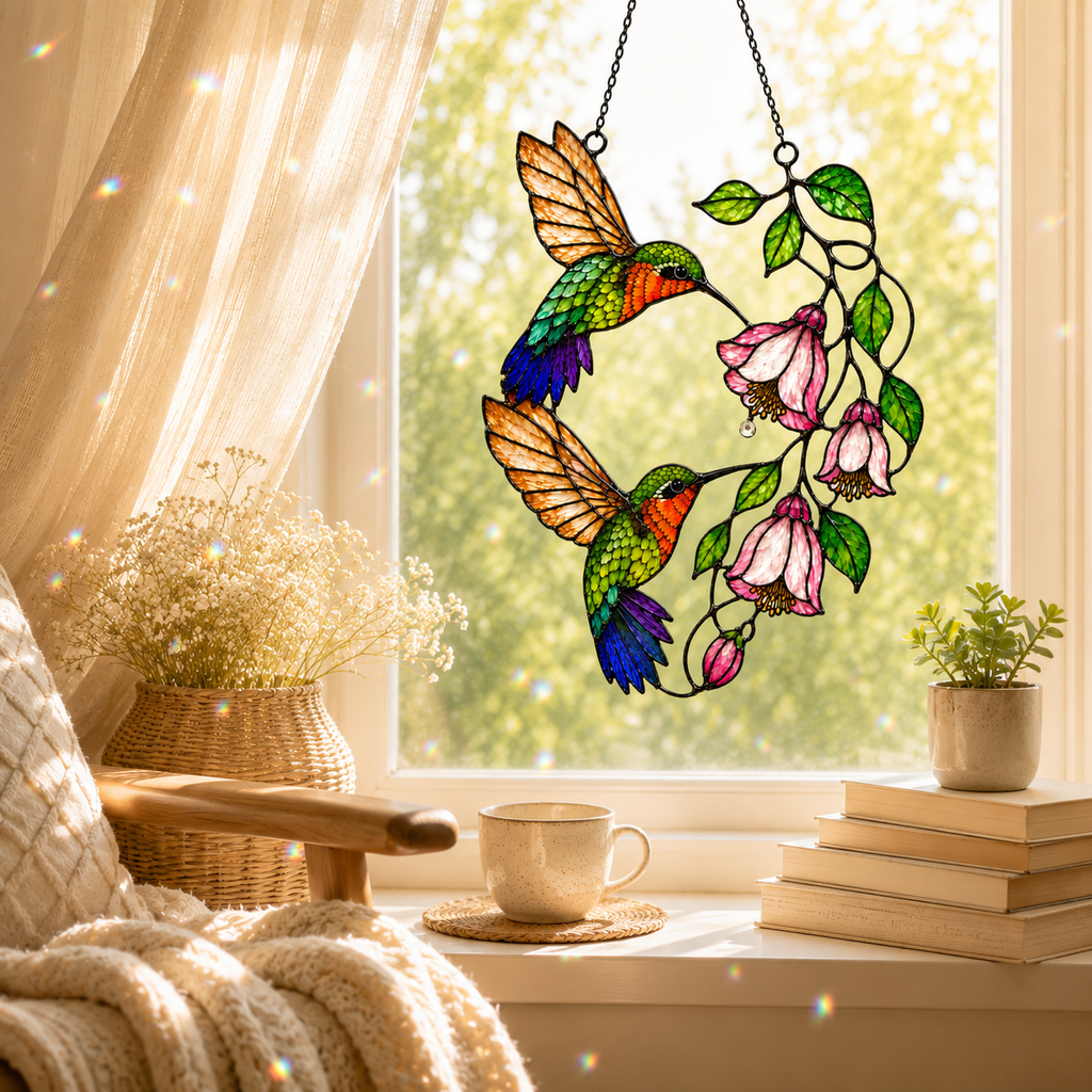 Hummingbird Pair & Pink Fuchsia Holographic Acrylic Suncatcher