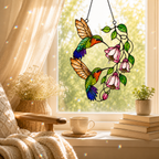 Hummingbird Pair & Pink Fuchsia Holographic Acrylic Suncatcher